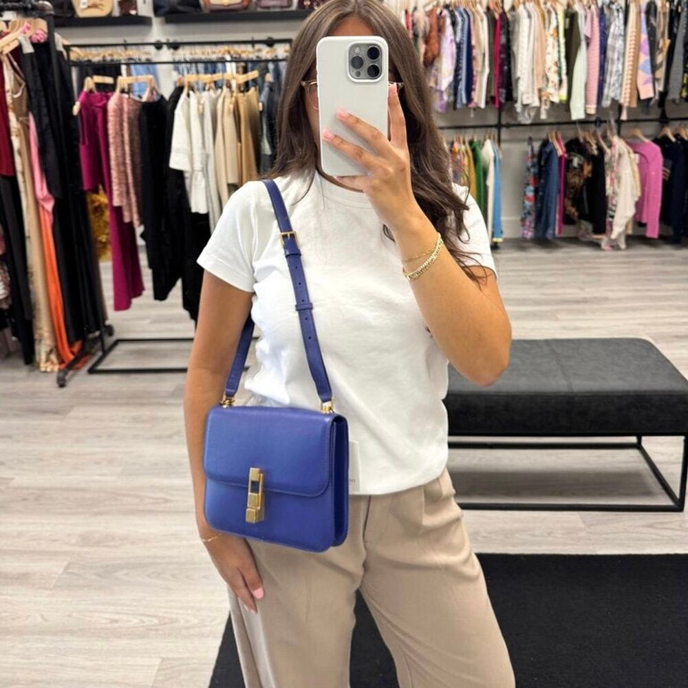 SAINT LAURENT Le Carre Satchel Blue Leather Gold Crossbody Shoulder Bag YSL